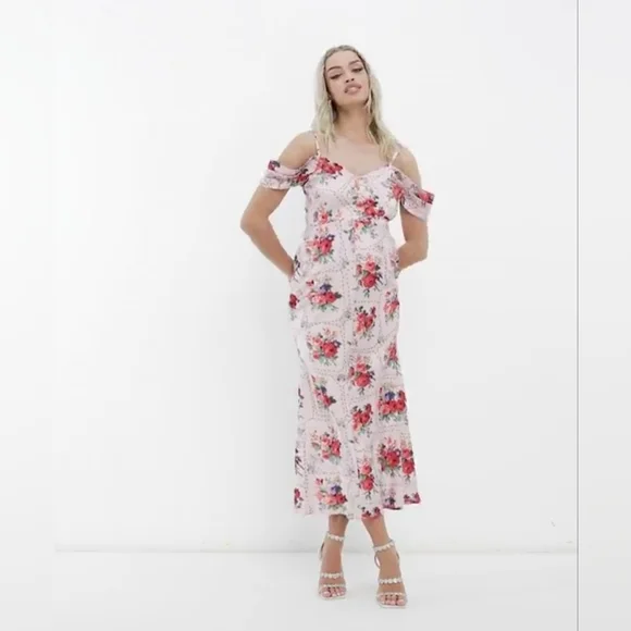 asos off the shoulder maternity dress ASOS Design Maternity linen bardot midi dress-Black